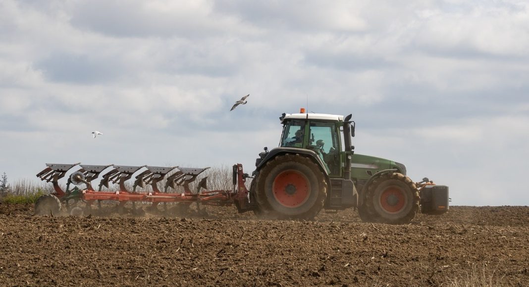 Сельское хозяйство. Поле. Трактор. Удобрения. Изображение из фотобанка