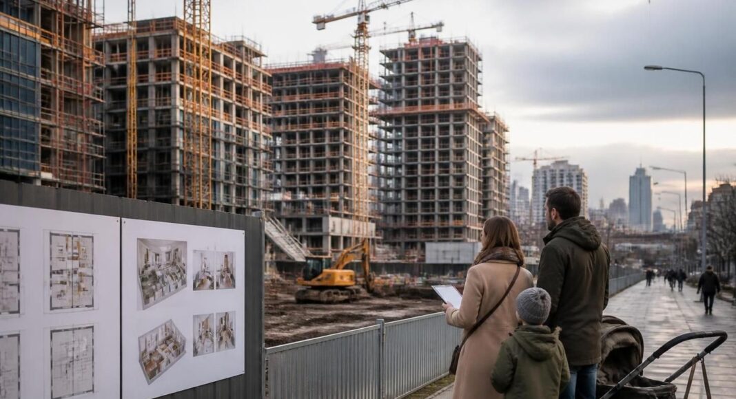 Строительство. Стройка. Семьи. Жильё. Новостройка. Ожидания. Изображение нейросети Строительство. Стройка. Семьи. Жильё. Новостройка. Ожидания. Изображение нейросети